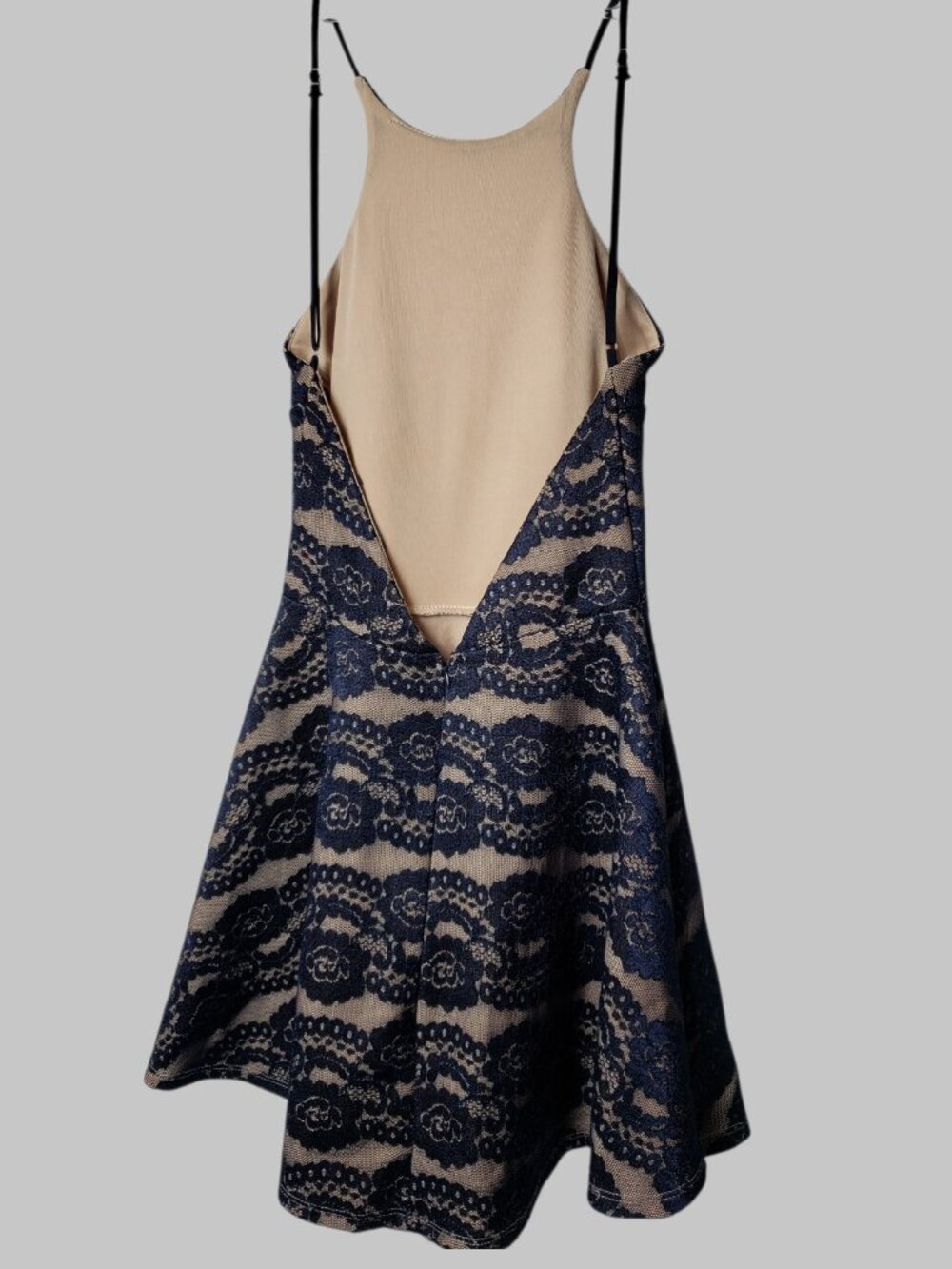 ANGL Nude Lace Fit & Flare Skater Dress Open Back Party Dress Navy Blue Medium - Picture 3 of 14